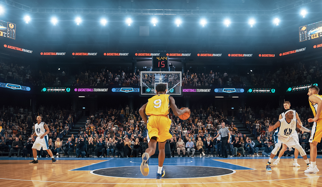 A basketball player in a stadium during a game