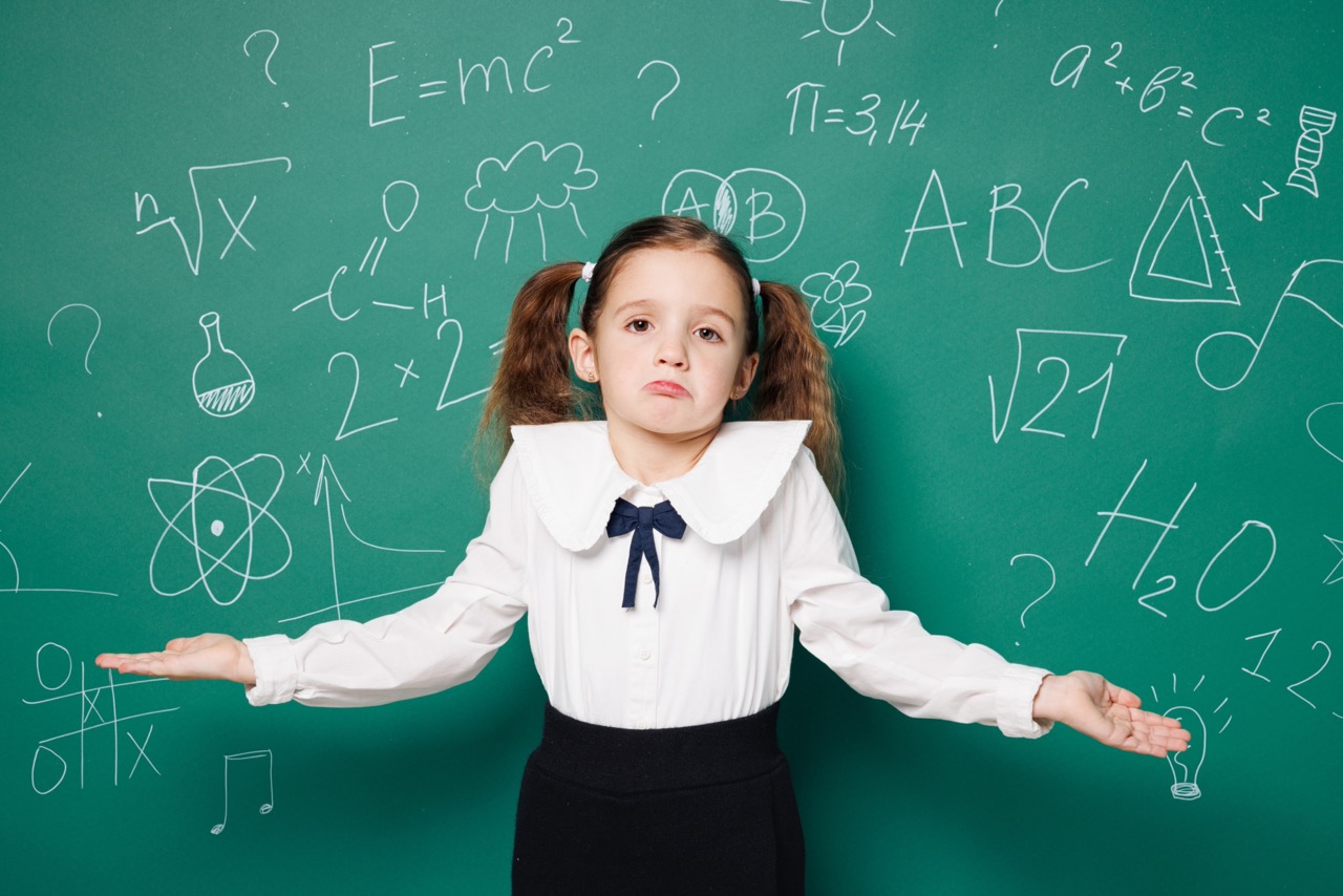 A girl with a frown shrugs in front of a green wall with math attributes.