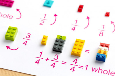 A colorful Lego block featuring various letters and numbers on its surface, designed for educational play.